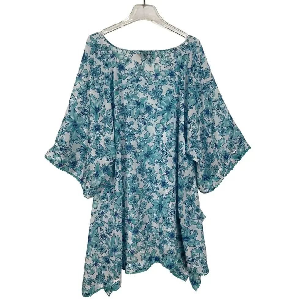 Lands' End Floral Swim Cover Up Tunic Dot Lace Trim Blue Size XL